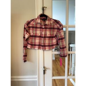With Jules Girls Pink Plaid Cropped Flannel Button Down Shirt Size Small NWT